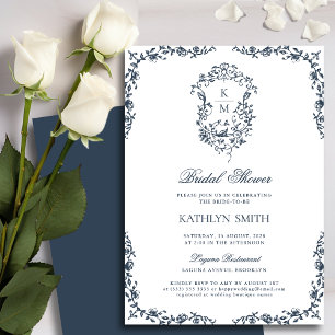 Navy Blue Monogram Vintage Crest Bridal Shower Invitation