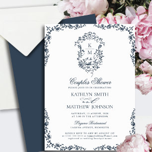 Navy Blue Monogram Vintage Crest Couples Shower Invitation