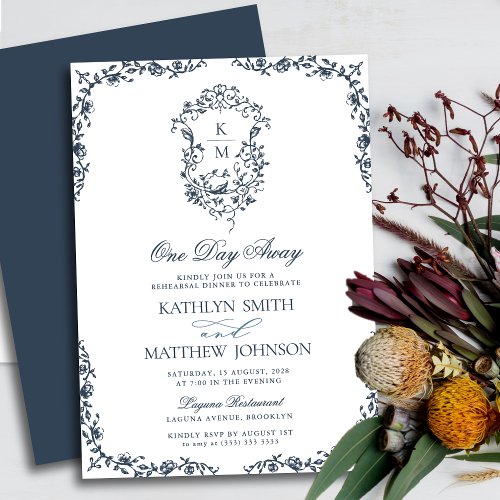 Navy Blue Monogram Vintage Crest One Day Away Invitation