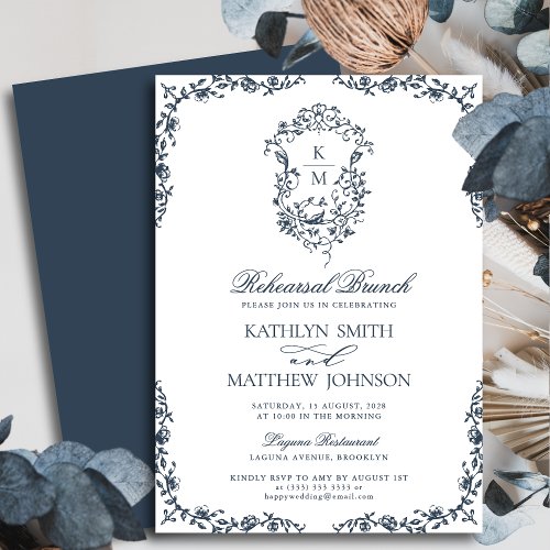 Navy Blue Monogram Vintage Crest Rehearsal Brunch Invitation