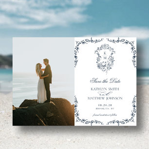 Navy Blue Monogram Vintage Crest Save The Date Magnetic Invitation
