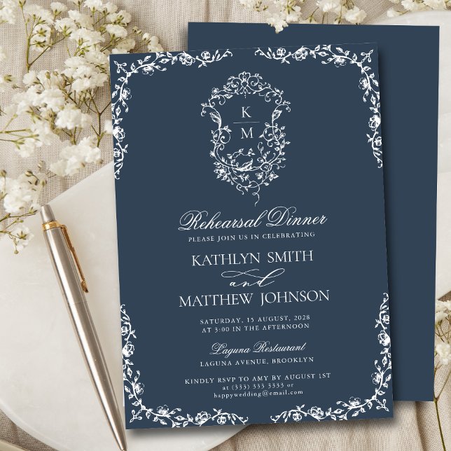 Navy Blue Monogram Vintage Rehearsal Dinner Invitation (Creator Uploaded)