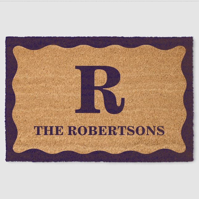 Navy Blue Monogram Wavy Border Coir Mat (Front)