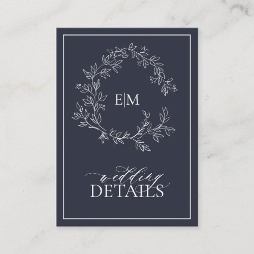 Navy Blue Monogram Wedding Details Enclosure Card - We're loving this trendy, modern Navy Blue details card! Simple, elegant, and oh-so-pretty, it features a hand drawn leafy wreath encircling a modern wedding monogram. It is personalized in elegant typography, and accented with hand-lettered calligraphy. Finally, it is trimmed in a delicate frame and the back of the card contains the details, which allows the addition of the information you need to give, This may include driving directions, reception information, hotel information, etc. This can also include your wedding website.The card holds up to 20 lines of text. Text is aligned to top and flows down, you may need to adjust vertical positioning depending on the amount of text by clicking customize further. Veiw suite here: 
https://www.zazzle.com/collections/navy_blue_leafy_crest_monogram_wedding-119864452128446505  Contact designer for matching products to complete the suite, OR for color variations of this design. Thank you sooo much for supporting our small business, we really appreciate it! 