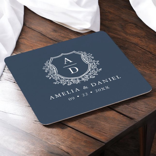 Navy Blue Monogram Wedding Floral Crest Elegant Square Paper Coaster (Creator Uploaded)