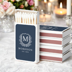 Navy Blue Monogram Wedding Floral Crest Matchboxes