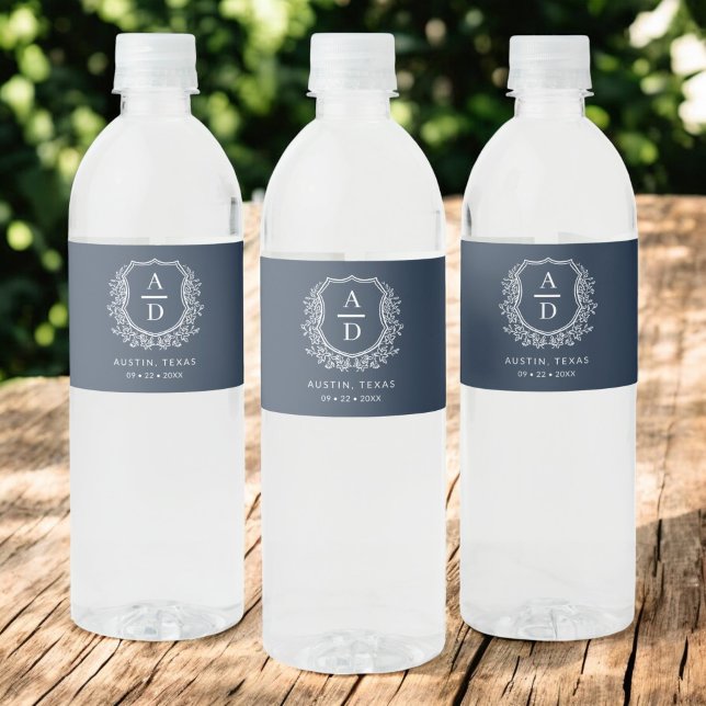Navy Blue Monogram Wedding Floral Crest Water Bottle Label (Creator Uploaded)