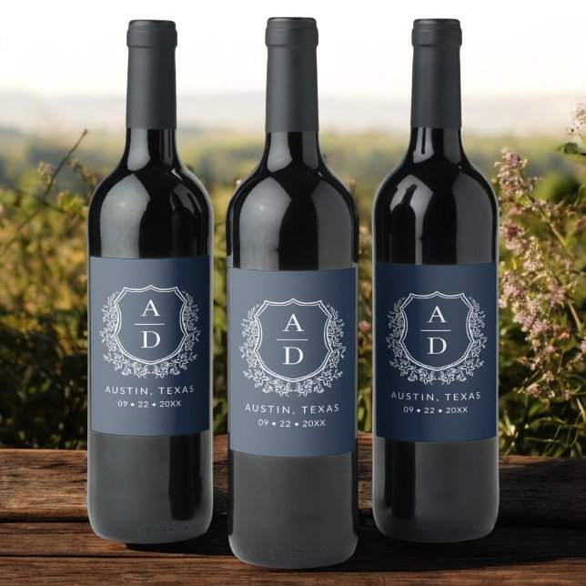 Navy Blue Monogram Wedding Floral Crest Wine Label (Creator Uploaded)