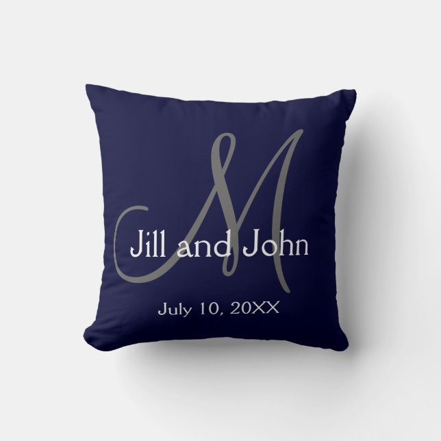 Navy Blue Monogram Wedding Keepsake Throw Pillow (Front)