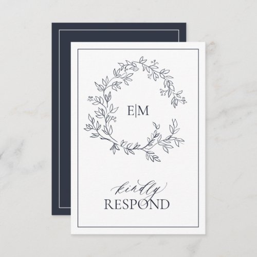 Navy Blue Monogram Wedding RSVP Card - We're loving this trendy, modern Navy Blue RSVP card! Simple, elegant, and oh-so-pretty, it features a hand drawn leafy wreath encircling a modern wedding monogram. It is personalized in elegant typography, and accented with hand-lettered calligraphy. Finally, it is trimmed in a delicate frame and the back of the card allows guests to indicate their intention to attend and entree selection.To remove meal choices, we have create a how-to video for you here: https://youtu.be/ZGpeldQgxoE  Veiw suite here: 
https://www.zazzle.com/collections/navy_blue_leafy_crest_monogram_wedding-119864452128446505 Contact designer for matching products to complete the suite, OR for color variations of this design. Thank you sooo much for supporting our small business, we really appreciate it! 