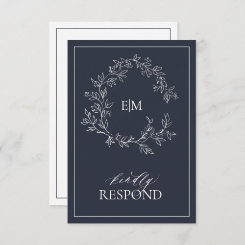 Navy Blue Monogram Wedding RSVP Card - We're loving this trendy, modern Navy Blue RSVP card! Simple, elegant, and oh-so-pretty, it features a hand drawn leafy wreath encircling a modern wedding monogram. It is personalized in elegant typography, and accented with hand-lettered calligraphy. Finally, it is trimmed in a delicate frame and the back of the card allows guests to indicate their intention to attend and entree selection.To remove meal choices, we have create a how-to video for you here: https://youtu.be/ZGpeldQgxoE  Veiw suite here: 
https://www.zazzle.com/collections/navy_blue_leafy_crest_monogram_wedding-119864452128446505  Contact designer for matching products to complete the suite, OR for color variations of this design. Thank you sooo much for supporting our small business, we really appreciate it! 