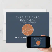 Classic & Traditional Wedding Save the Date with Monogram Crest in Navy Blue  and Gold with Envelope and Guest Addressing — Other Colors!