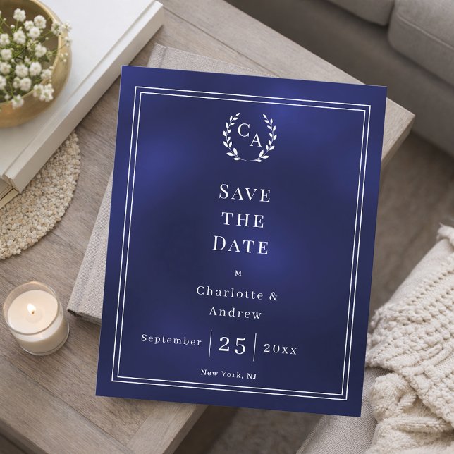 Navy blue monogram wedding Save the Date card (Creator Uploaded)
