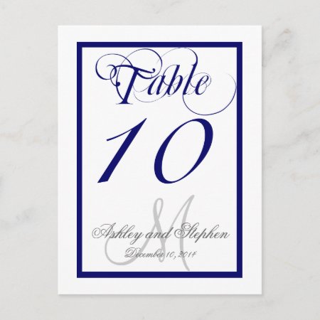 Navy Blue Monogram Wedding Table Number Card 2