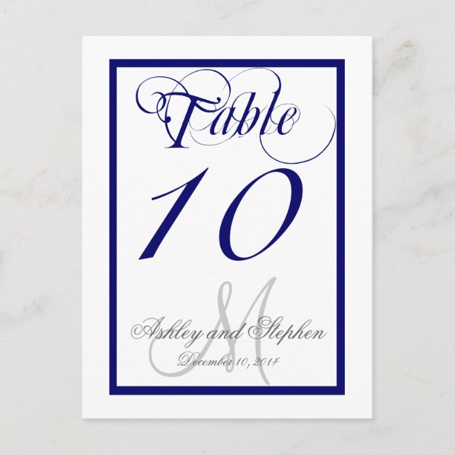 Navy Blue Monogram Wedding Table Number Card 2 (Front)