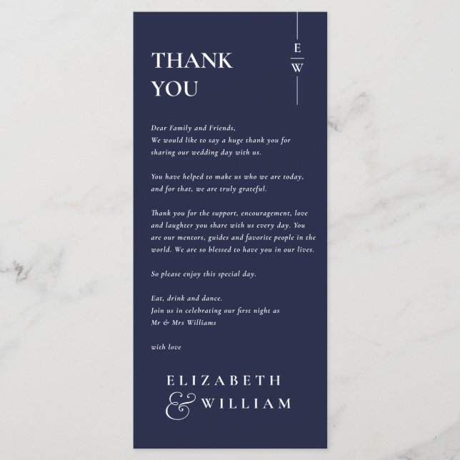 Navy Blue Monogram Wedding Thank You Place Card (Front)