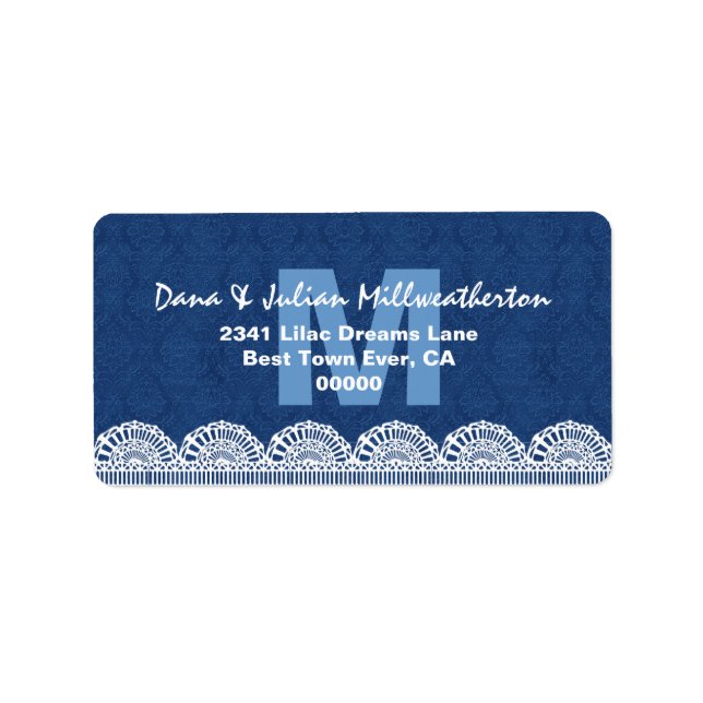 Navy Blue Monogram White Lace Wedding M482M Label (Front)