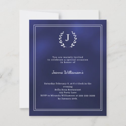 Navy blue monogram wreath age-neutral invitation