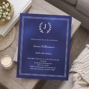 Navy blue monogram wreath birthday invitation