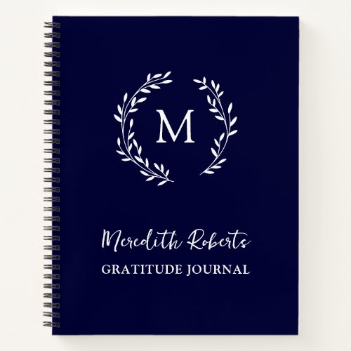 Navy Blue Monogram Wreath Gratitude Journal