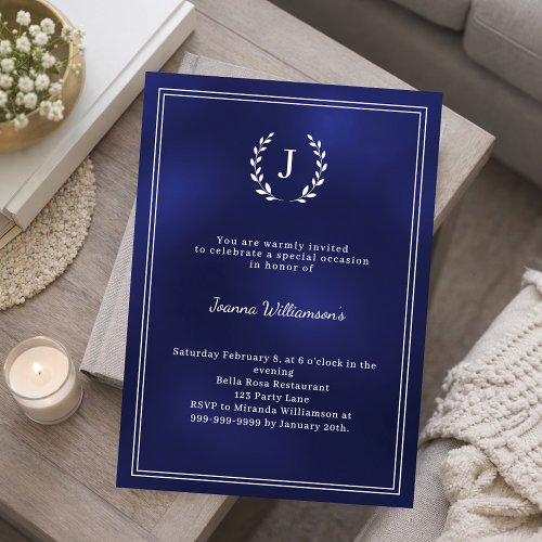 Navy blue monogram wreath milestone age-neutral