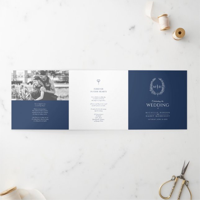 Navy blue monogram wreath story dedication wedding Tri-Fold program (Outside)