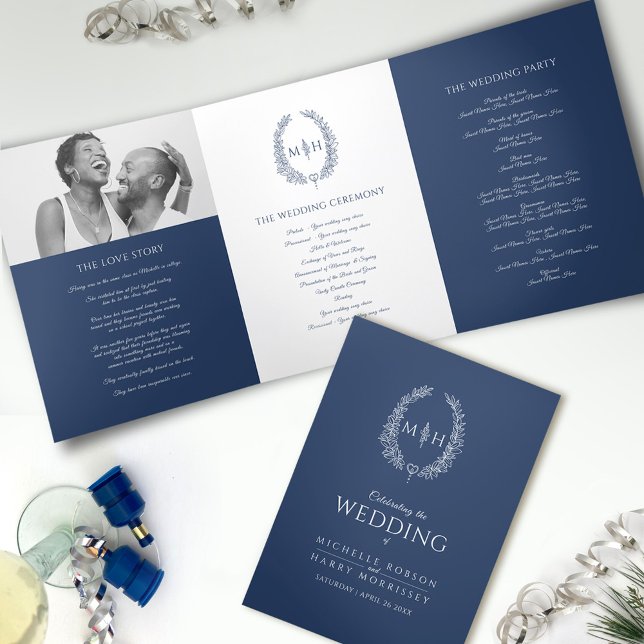 Navy blue monogram wreath story dedication wedding Tri-Fold program (Creator Uploaded)