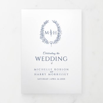 Navy Blue Monogram Wreath Story Dedication Wedding Tri-fold Program by mylittleedenweddings at Zazzle