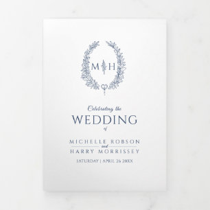 Navy blue monogram wreath story dedication wedding Tri-Fold program
