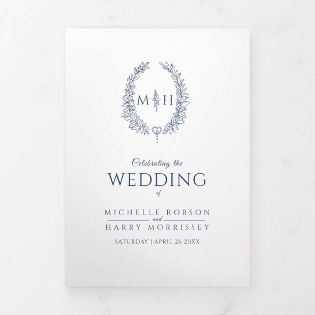 Navy blue monogram wreath story dedication wedding Tri-Fold program (Cover)