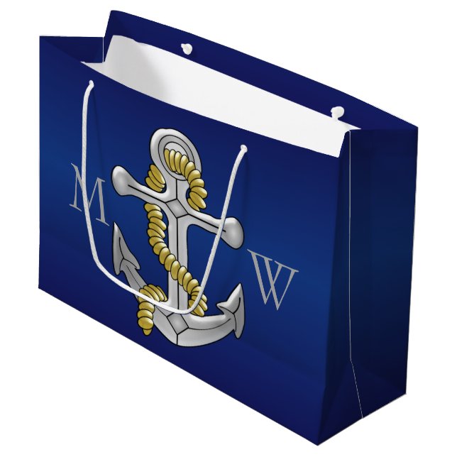 Navy Blue Monogrammed Anchor Large Gift Bag (Front Angled)