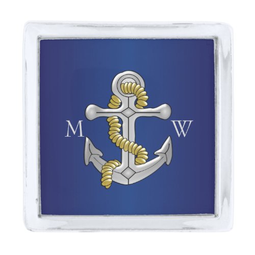 Navy Blue Monogrammed Anchor Silver Finish Lapel Pin