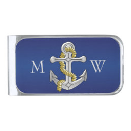 Navy Blue Monogrammed Anchor Silver Finish Money Clip