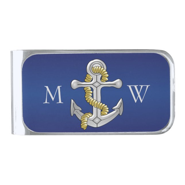 Navy Blue Monogrammed Anchor Silver Finish Money Clip (Front)