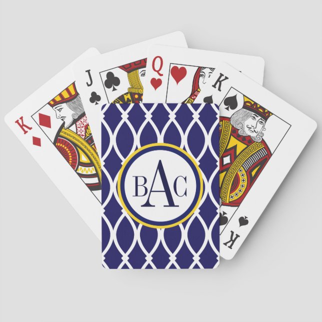 Navy Blue Monogrammed Barcelona Print Poker Cards (Back)