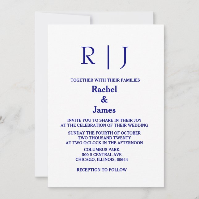Navy Blue Monograms Minimal Simple Elegant Wedding Invitation (Front)
