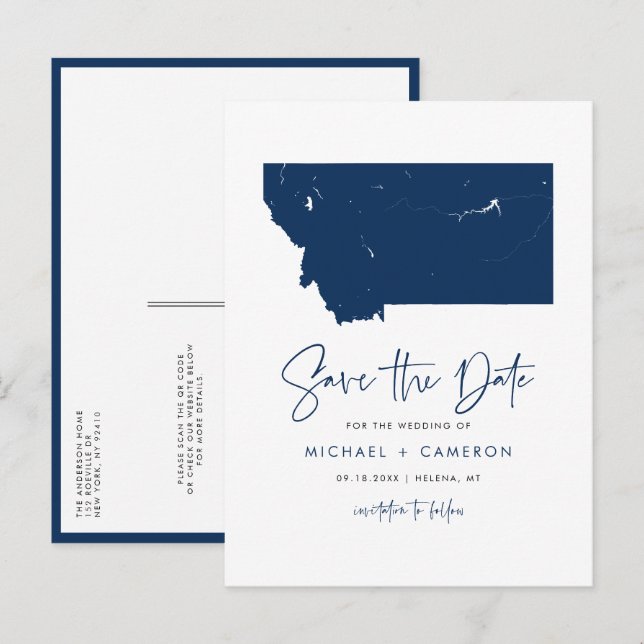 Navy Blue Montana State Map QR Code Save the Date Announcement Postcard (Front/Back)