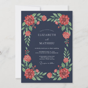Navy Blue Moody Botanical Wedding Invitation