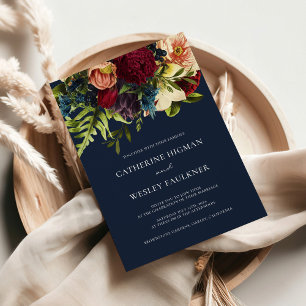 Navy Blue Moody Floral Burgundy Wedding  Invitation