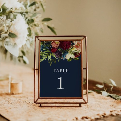 Navy Blue Moody Floral Burgundy Wedding  Table Number