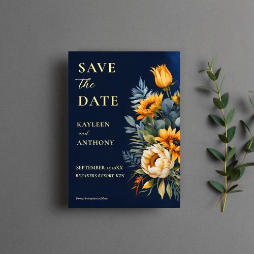Navy blue moody rustic sunflowers wedding save the date