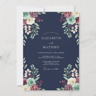 Navy Blue Moody Succulent Wedding Invitation