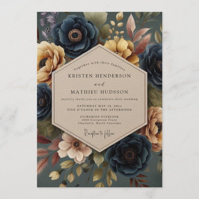 Navy Blue Moody Vintage Wedding Invitation (Front)