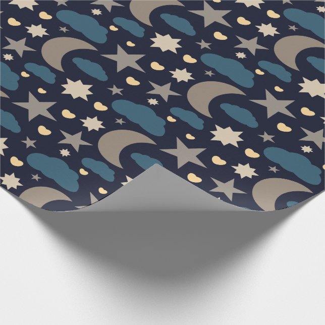 Navy Blue Moon Stars and Clouds Gift Wrap (Corner)
