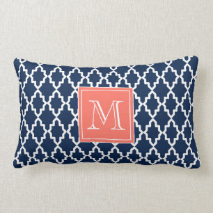 Navy Blue Moroccan Coral Monogram Lumbar Pillow