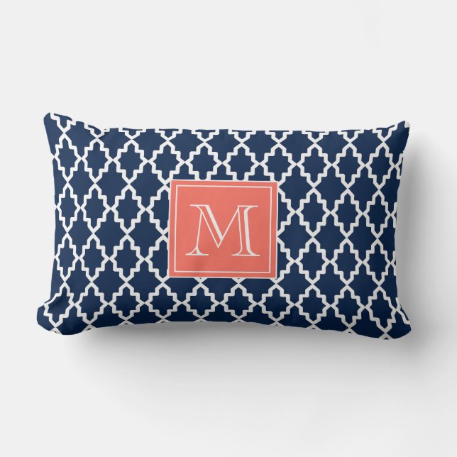 Navy Blue Moroccan Coral Monogram Lumbar Pillow (Front)