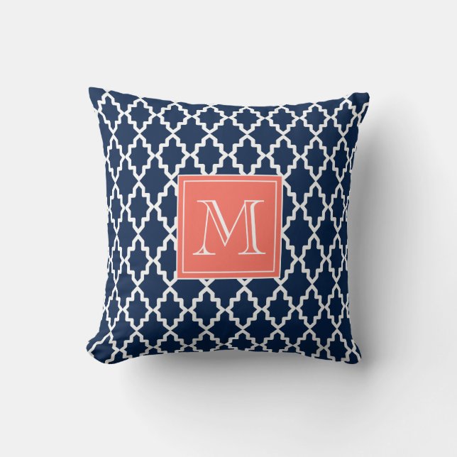 Navy Blue Moroccan Coral Monogram Throw Pillow (Front)