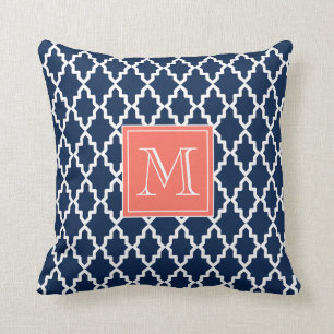 Navy Blue Moroccan Coral Monogram Throw Pillow
