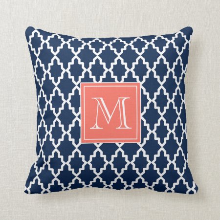 Navy Blue Moroccan Coral Monogram Throw Pillow