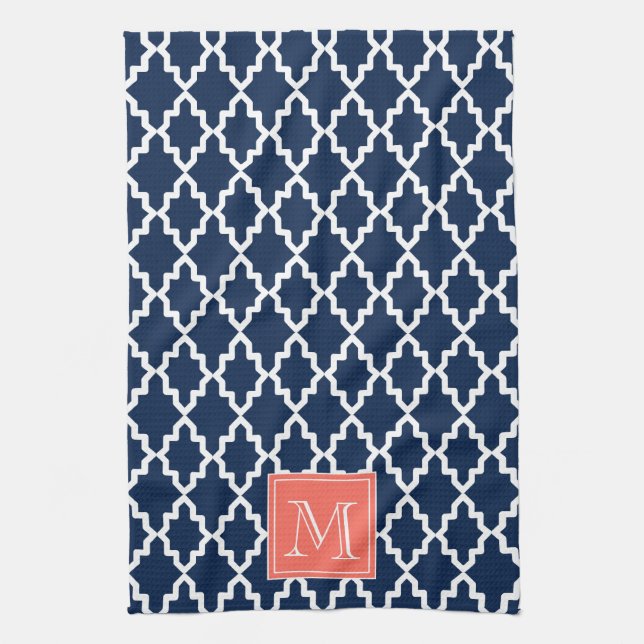Navy Blue Moroccan Coral Monogram Towel (Vertical)